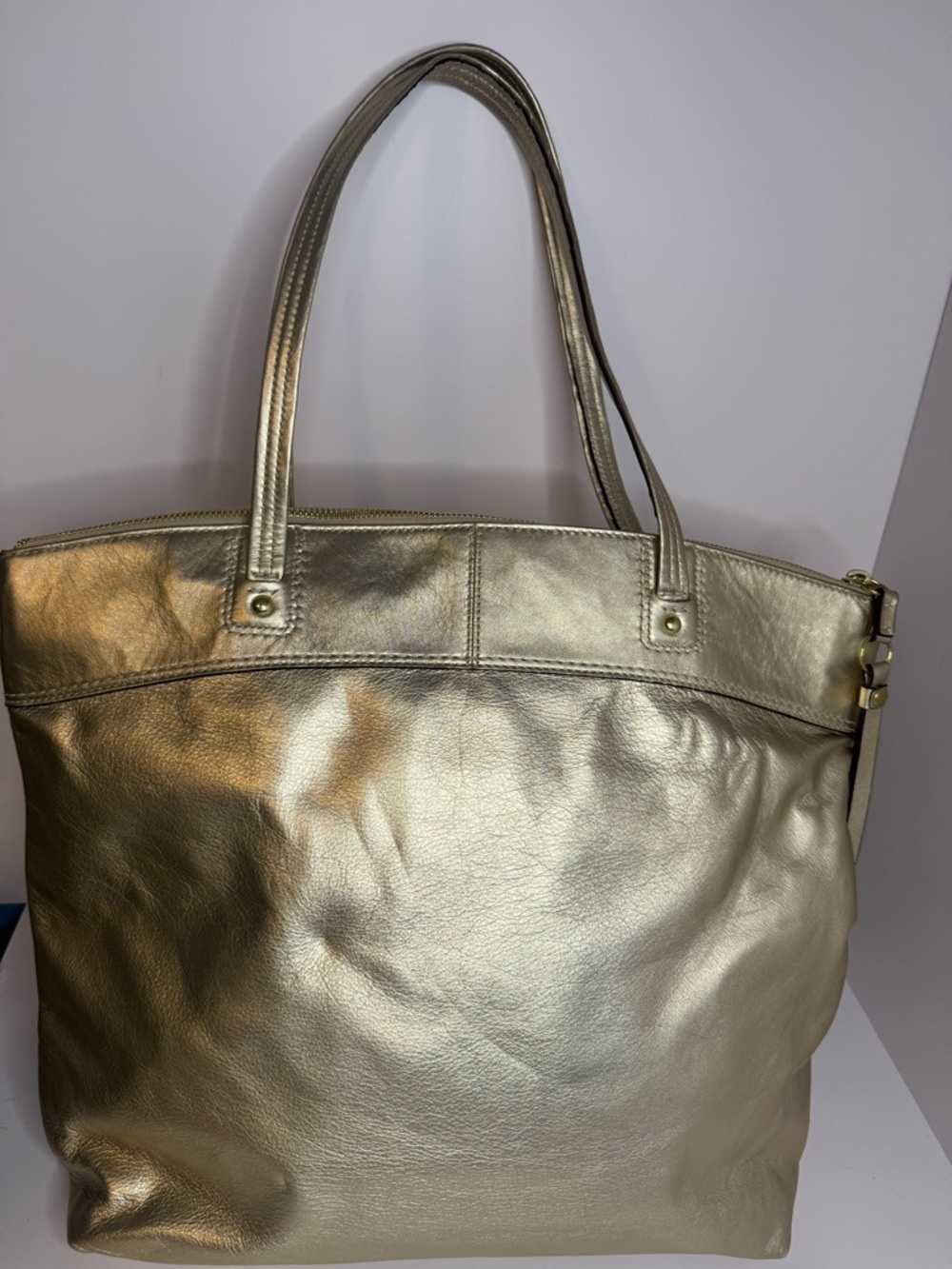 #255 Coach Laura Leather Signature Print Metallic Gold Shoulder Tote Bag - Picture 3 of 14